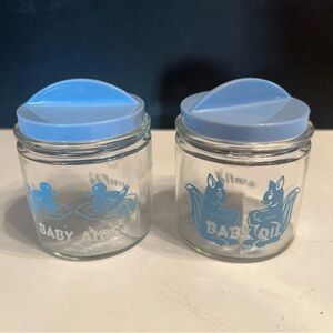 Vintage Evenflo Glass Nursery Jars W/ Lids Blue Baby Toiletries MCM Animals